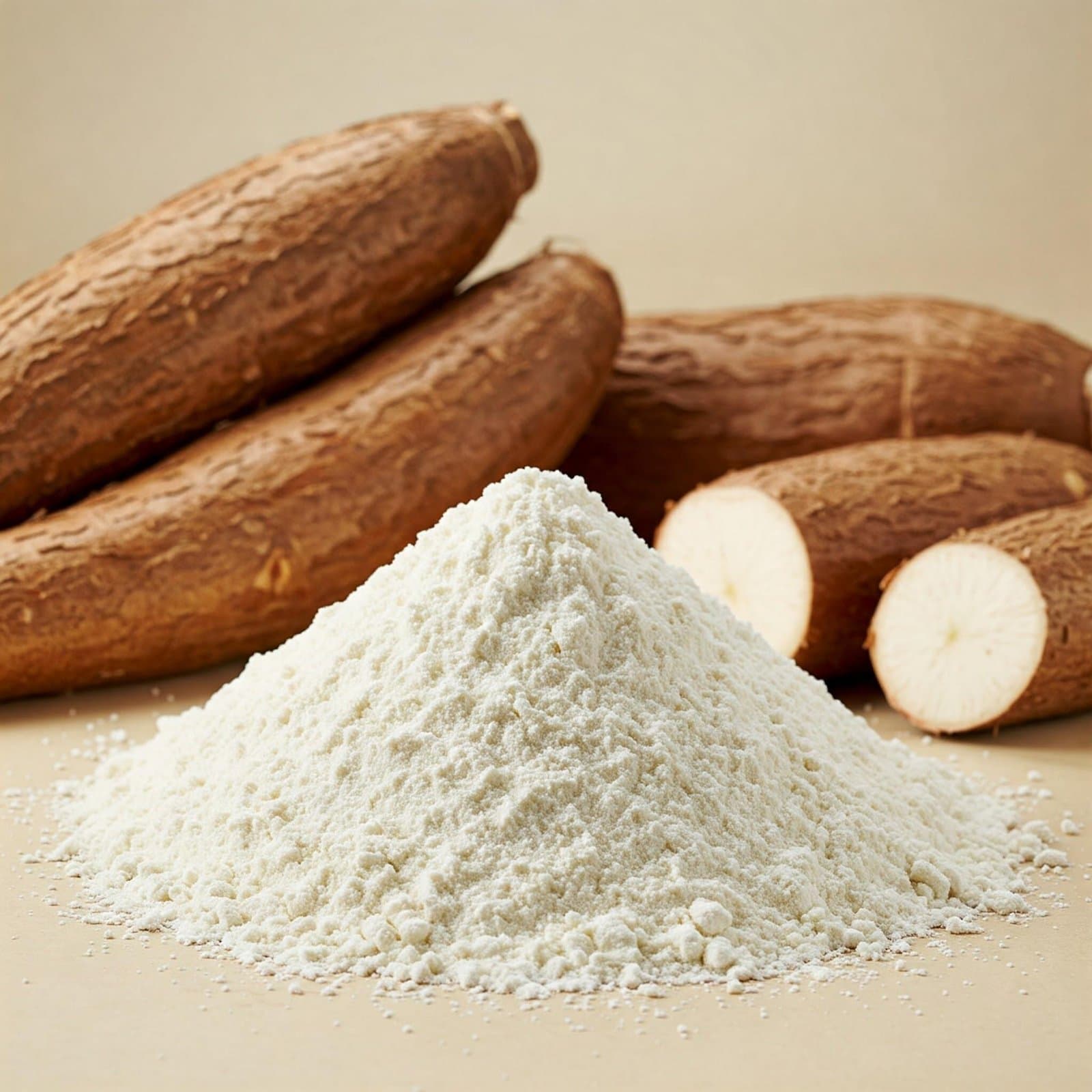 Harina de yuca en polvo frente a raíces de yuca enteras y cortadas