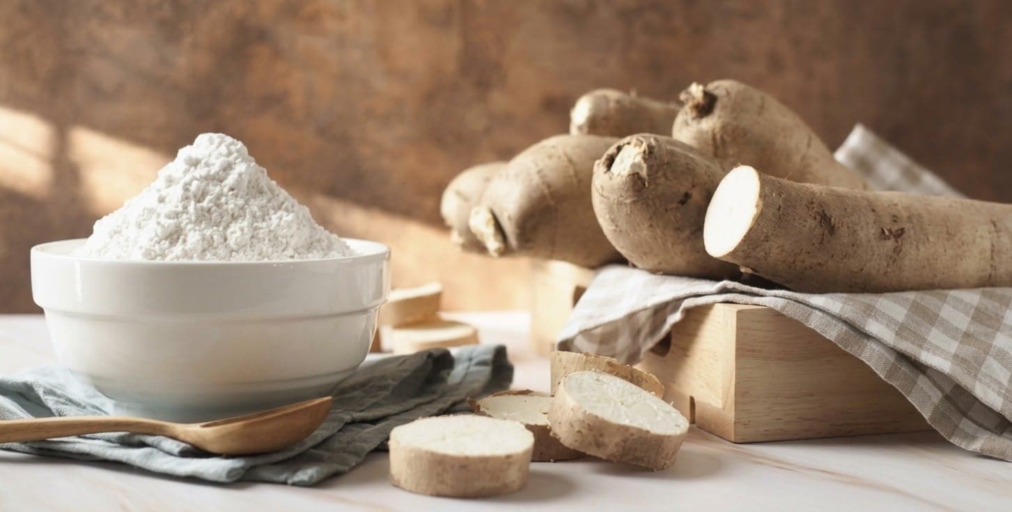 Harina de yuca en un tazón blanco junto a rodajas y raíces de yuca